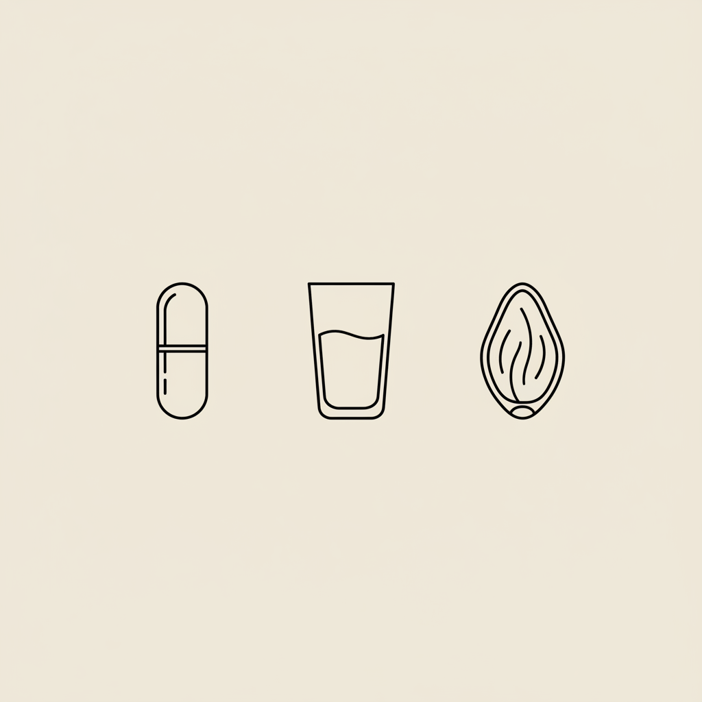 Minimalist vector line illustration of a capsule, glass of water, and a stylized psyllium husk on beige #F2E5D5 background, thin black outlines, Tonum-style icon.