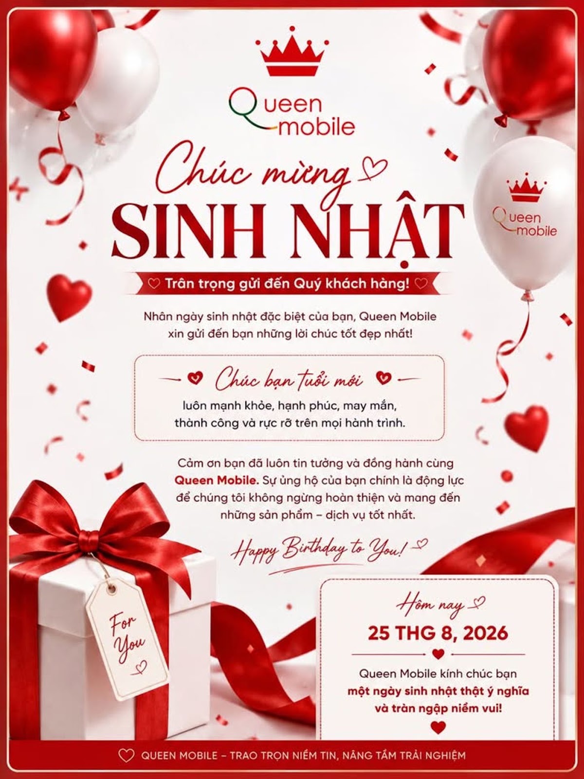 CHÚC MỪNG SINH NHẬT KHÁCH HÀNG QUEEN MOBILE 

Ngày 25 tháng 8 năm 2026

 Thơ lụ...