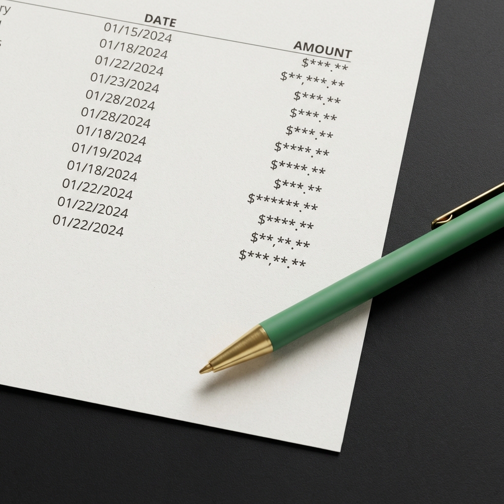 Close up of printed transaction export with dates and amounts and a green pen on a dark desk for best place to buy crypto guide, no personal data visible