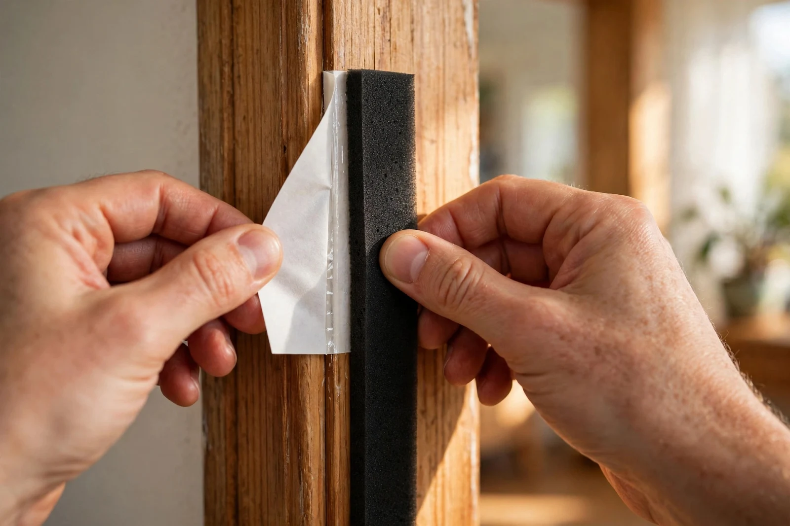 Close-up of hands pressing adhesive foam weatherstrip seal onto a wooden door frame