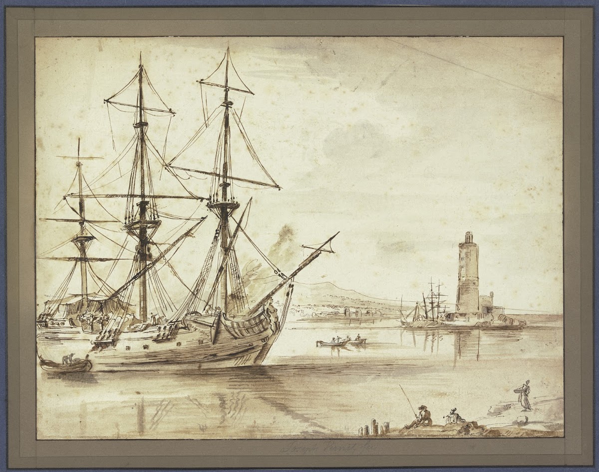 Marine links ein Dreimaster rechts ein Leuchtturm