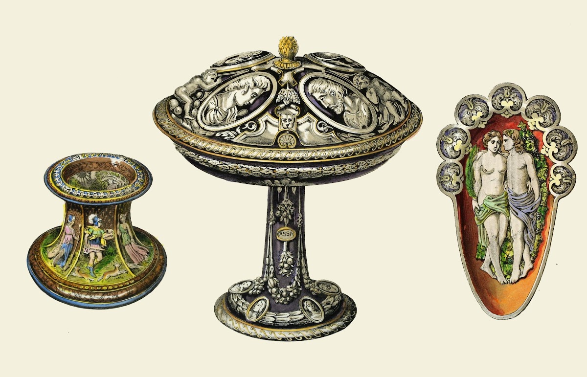 A Majolica Tazza designed by Julio Romano a sauce boat in Palissy ware a salt ce