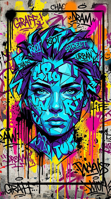 Vibrant Urban Graffiti Illustration of a Stylized Face with Abstract Splatters - Free mobile Wallpaper
