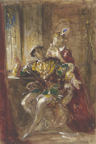 Sitzender Kavalier mit hinter ihm stehender Dame