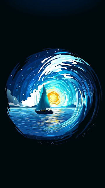 Stylized Sailboat Inside Dynamic Swirling Ocean Wave Art - Free mobile Wallpaper