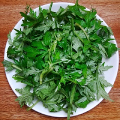 Rau ngải cứu mua về nhặt lá, ngọn non sau đó rửa sạch.