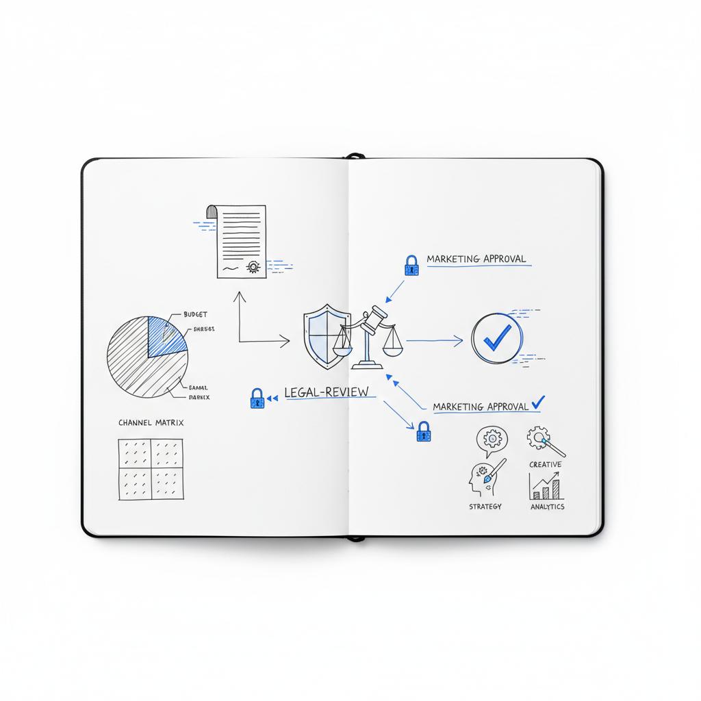 Planner sketch of social media decision flow with contract, legal review, and marketing approval icons &mdash; Can government contractors use TikTok?