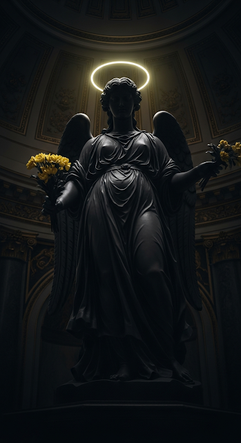Dark Angel Statue with a Glowing Halo and Yellow Flowers in a Cathedral - Free mobile Wallpaper