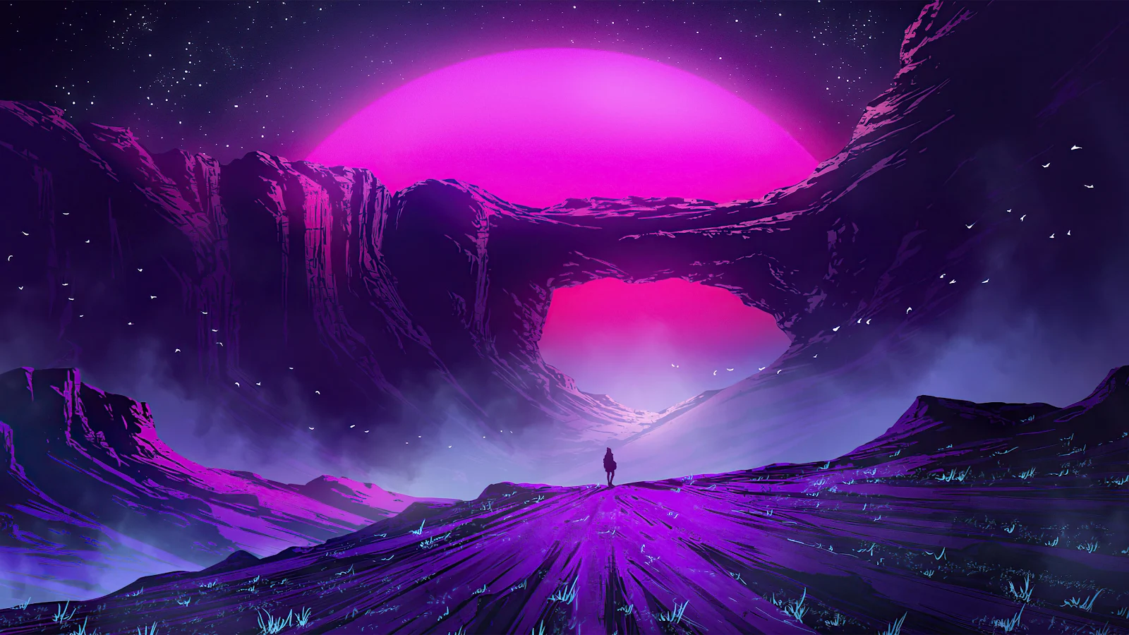 Lone Wanderer In Purple Mountains - Digital Art 4K Wallpaper (3840x2160)