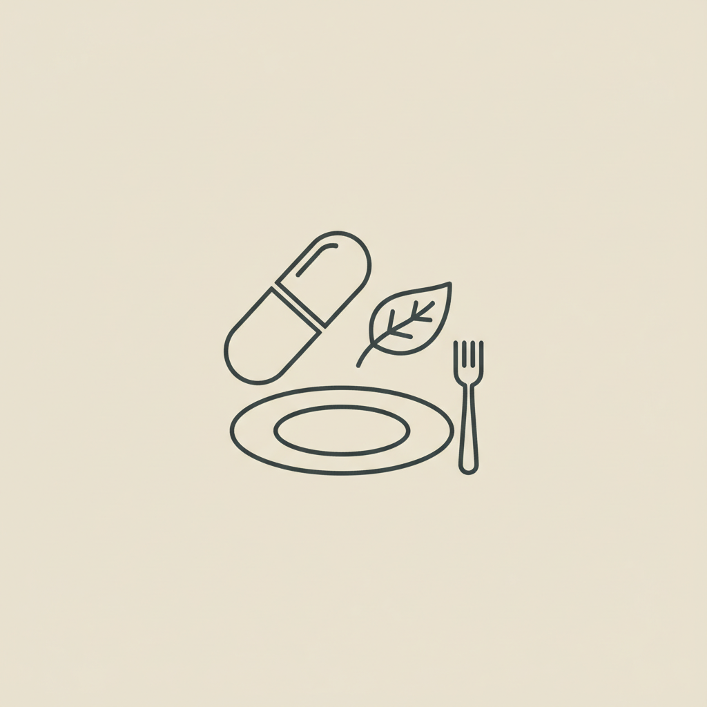 Minimal Tonum-style line illustration of a capsule, small leaf, and simple plate with fork on beige background representing berberine weight loss.