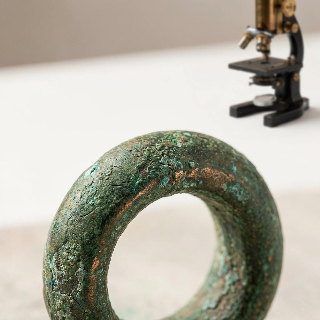 Macro close up of a green patinated bronze ring showing corrosion textures with a vintage microscope softly out of focus in the background Ancient Rings