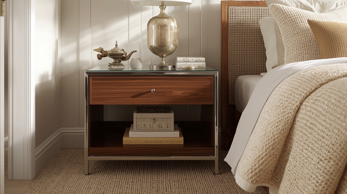 How to Use Chrome Bedroom Decor With Walnut Nightstands - small apartment chrome furniture measured beside warm wood storage