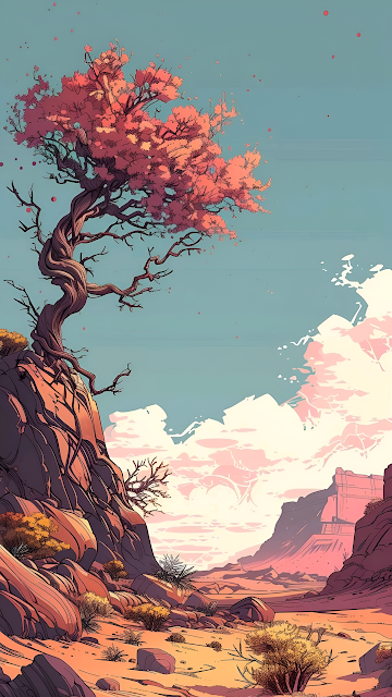 Desert Canyon Bloom: Stylized Coral Tree on Rocky Cliff - Free mobile Wallpaper