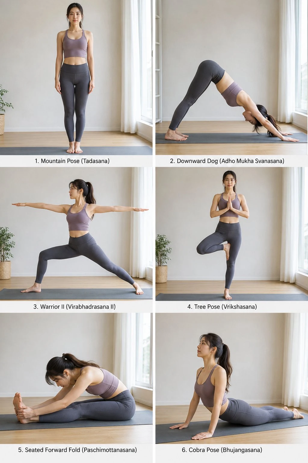 Seis posturas de yoga en una cuadrícula limpia