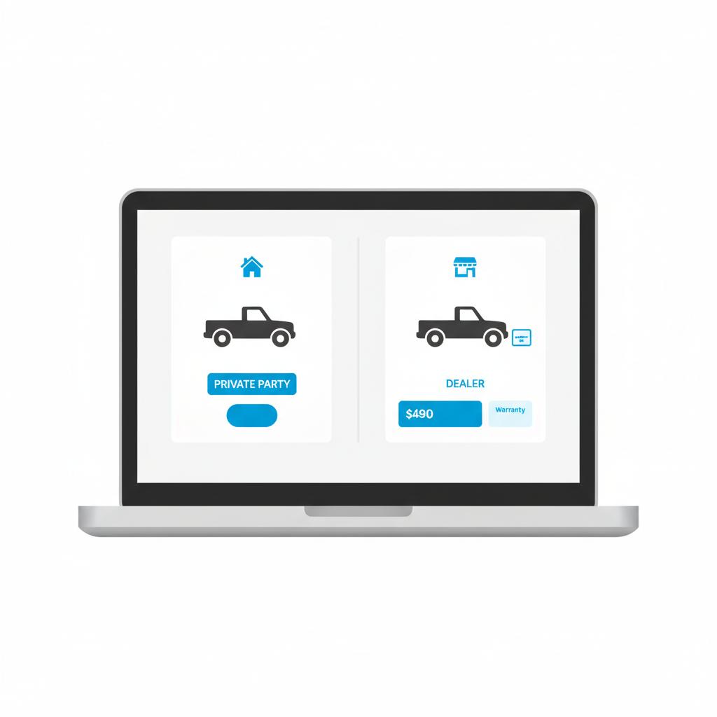 Minimal 2D vector laptop showing side by side private party and dealer listings for the same truck model kbb truck value