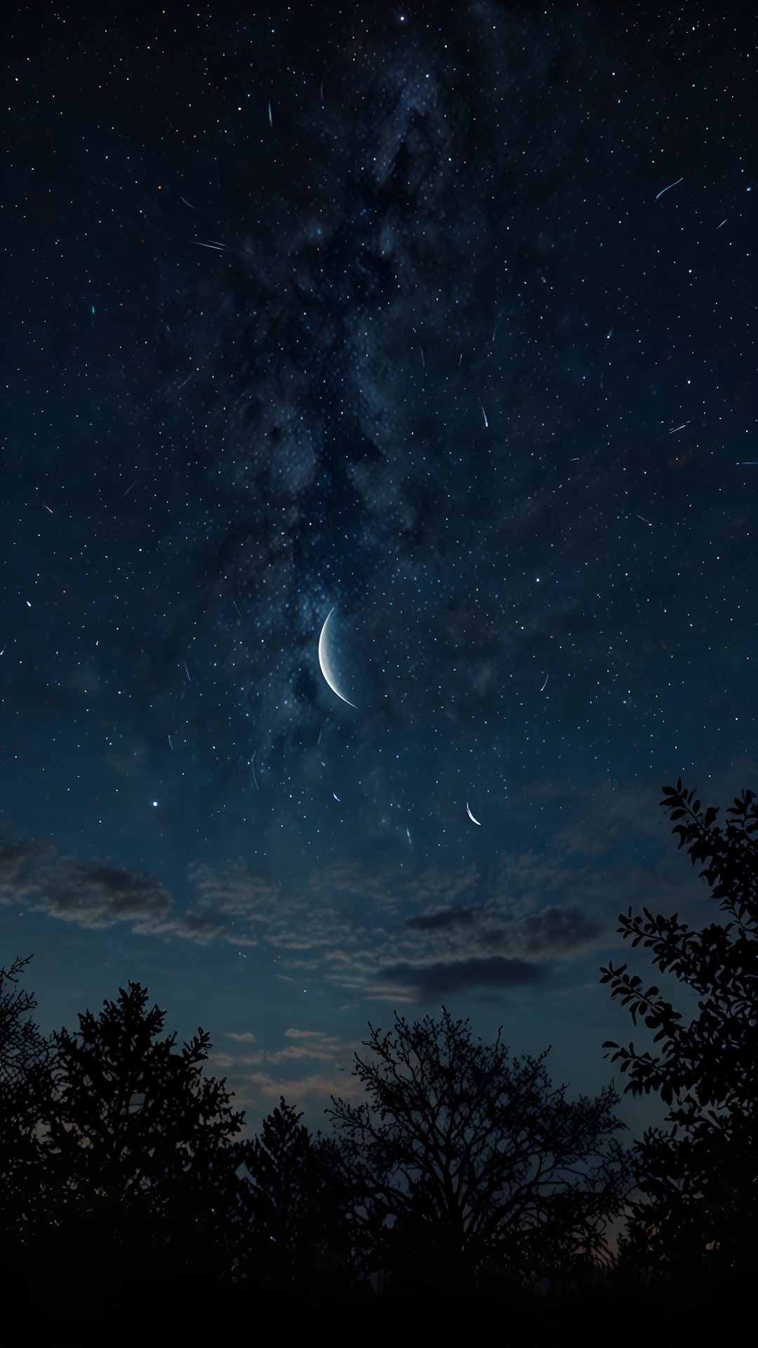 Crescent Moon Star Trails Over Dark Forest Silhouette - Free 4K mobile Wallpaper