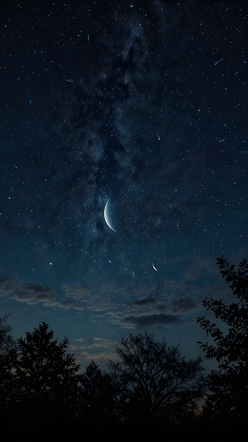 Crescent Moon Star Trails Over Dark Forest Silhouette - Free mobile Wallpaper