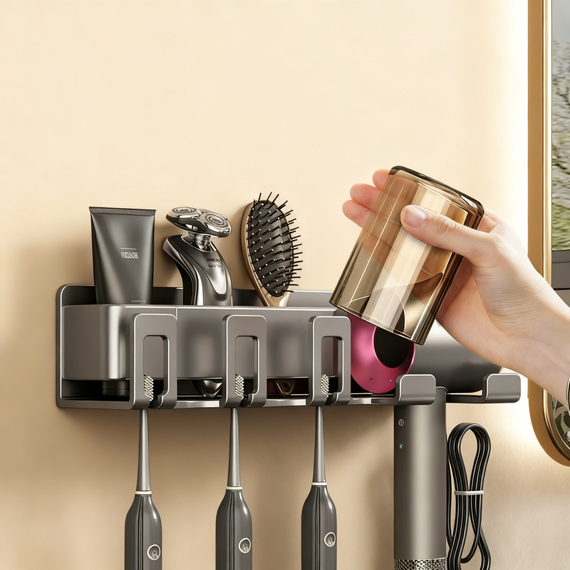 Toothbrush and hairdryer holder made of aluminum, suction cup
