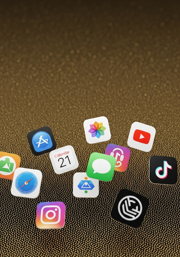 Floating iPhone App Icons Gold Mesh Digital Wallpaper