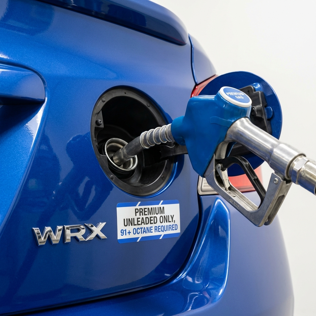 Close up of Subaru WRX fuel filler area with octane requirement sticker and premium blue gas pump nozzle near WRX badge on white background subaru wrx for sale