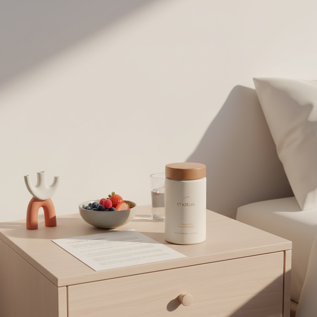 Minimalist bedside table with Tonum supplement jar, bowl of berries and printed research summary sheet, highlighting daily routine and best supplements for memory