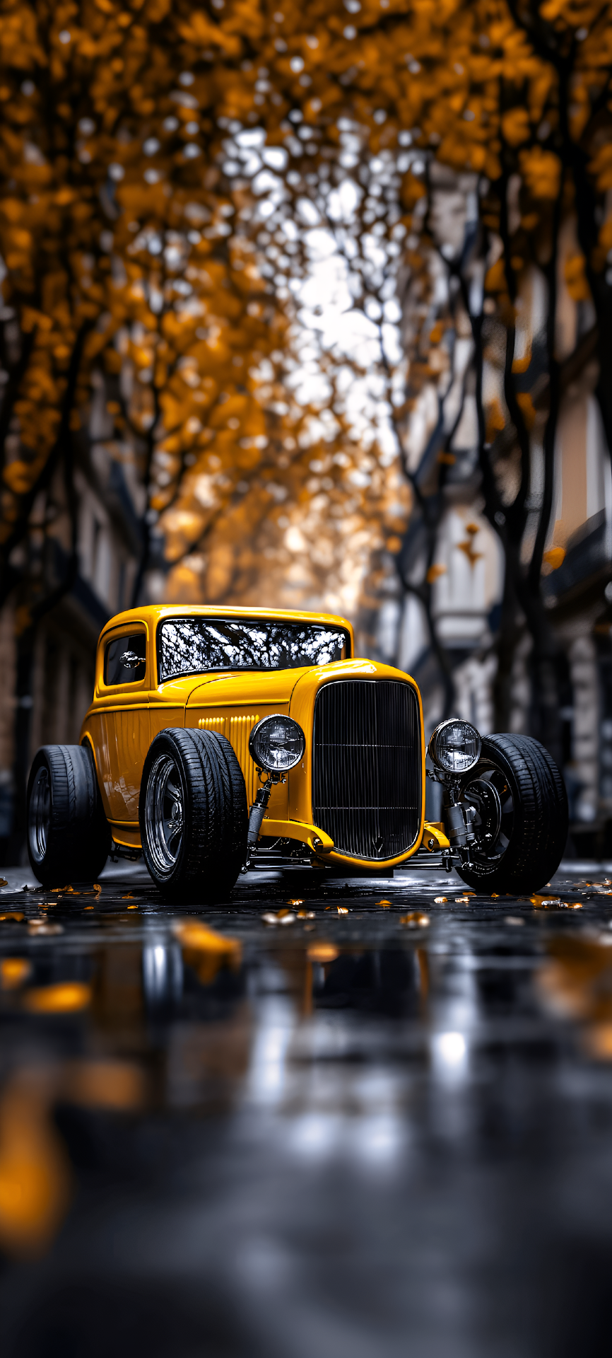 Classic Yellow Hot Rod Parked on Wet Autumn City Street - Free 4K mobile Wallpaper