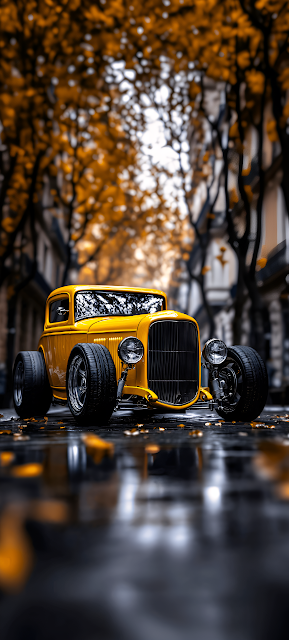 Classic Yellow Hot Rod Parked on Wet Autumn City Street - Free mobile Wallpaper