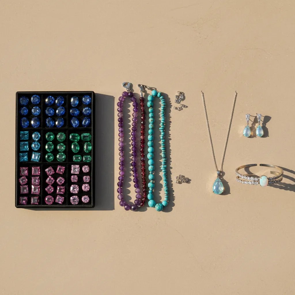 Gemstone store inventory comparison showing loose stones, gemstone beads, and finished jewelry collections