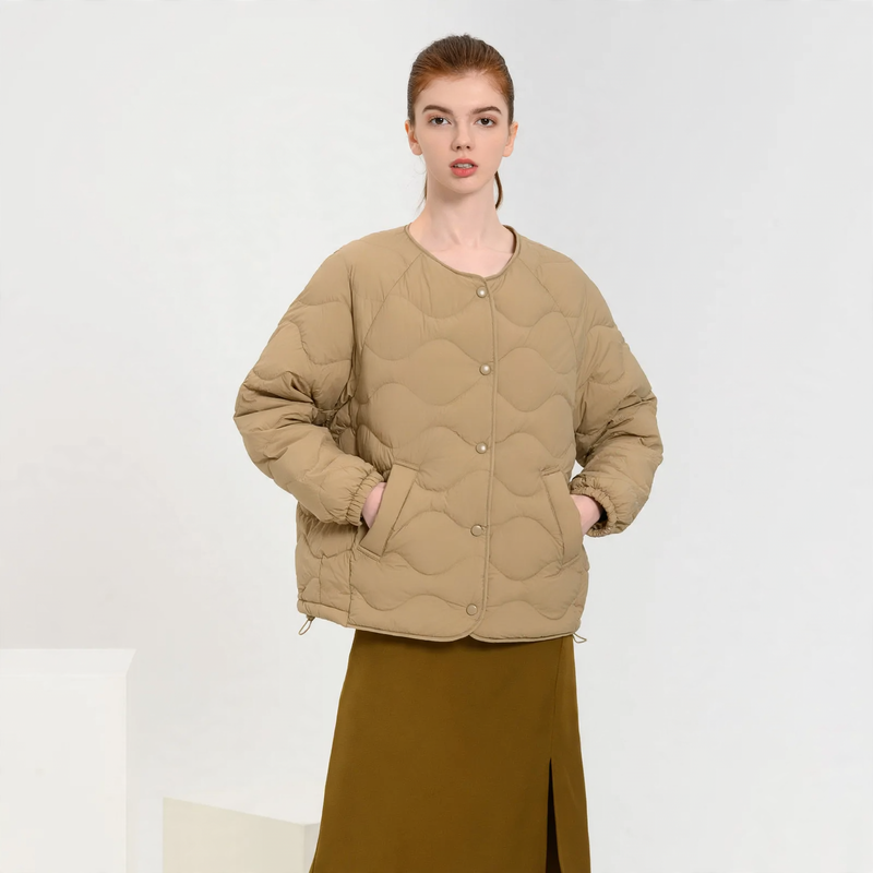 Lightweight women's down jacket, round neckline, thin