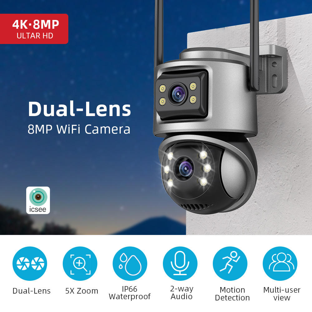 Color Night Smart Home CCTV Outdoor PTZ Camera ICSee 6MP WiFi Security Dual Lens Camara
