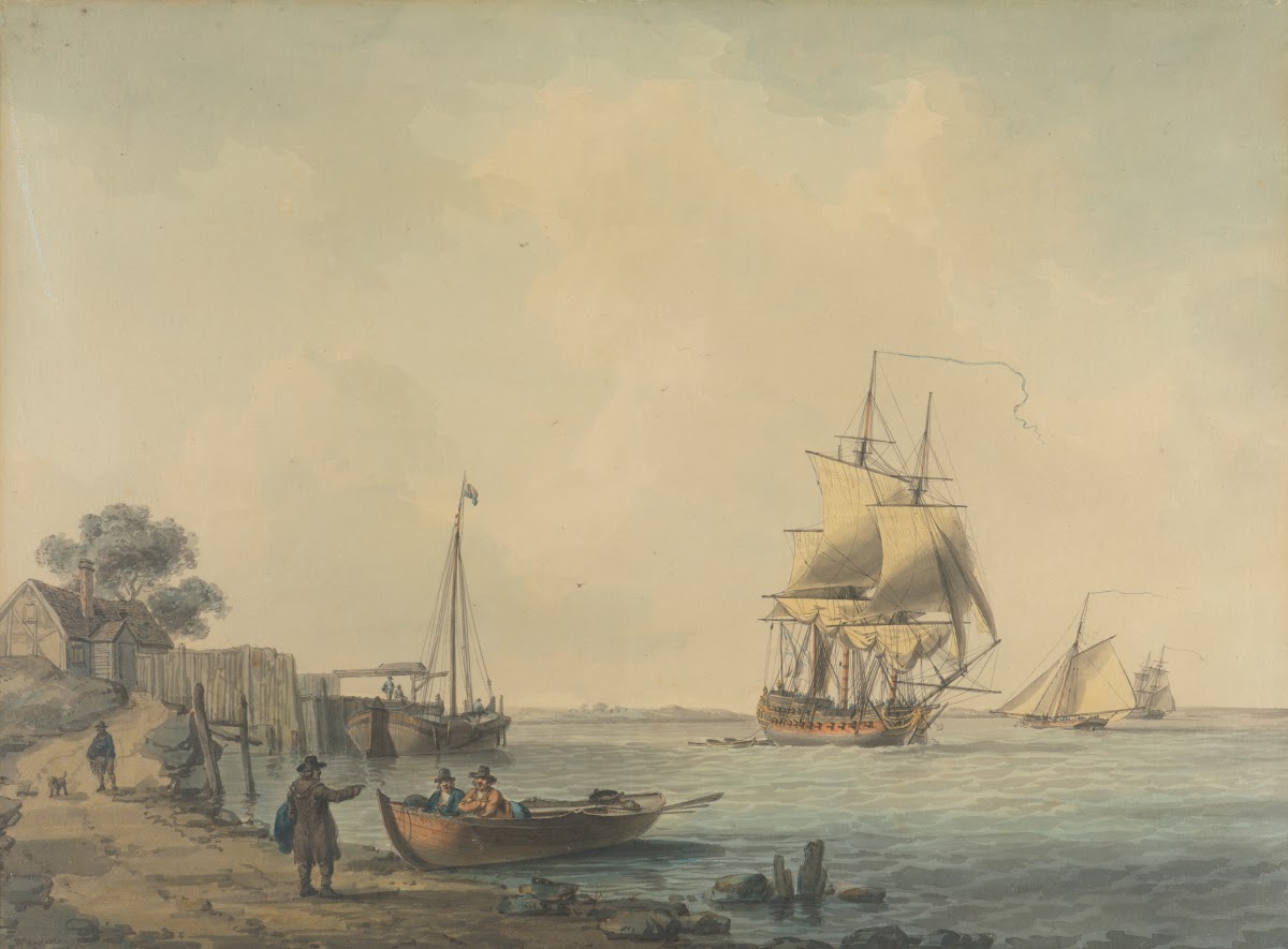 A Two Decker Running up the Estuary with Figures on the Beach in the Foreground