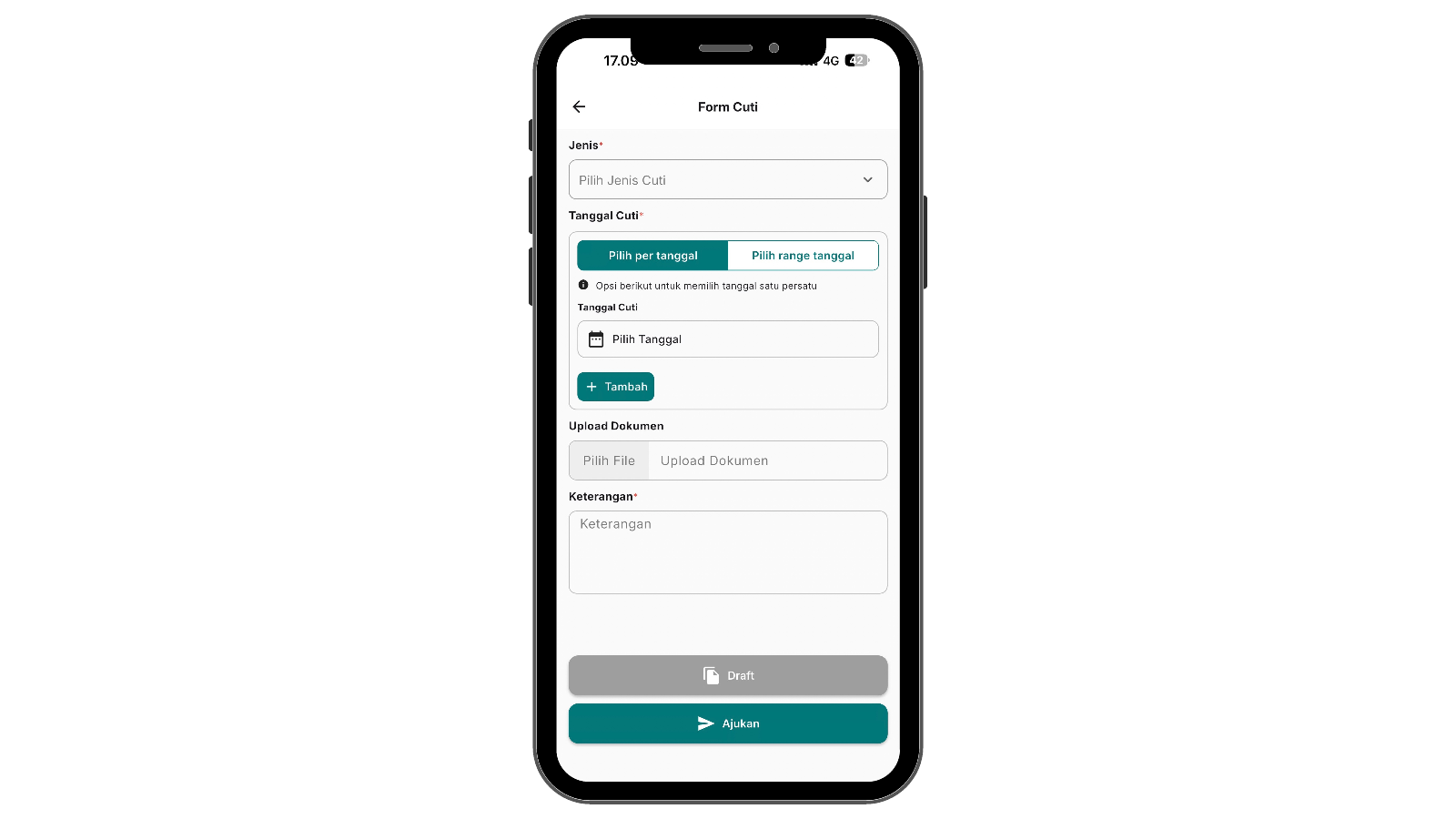 Tampilan fitur Pengajuan Mandiri pada Employee Self Service NUHA HRIS