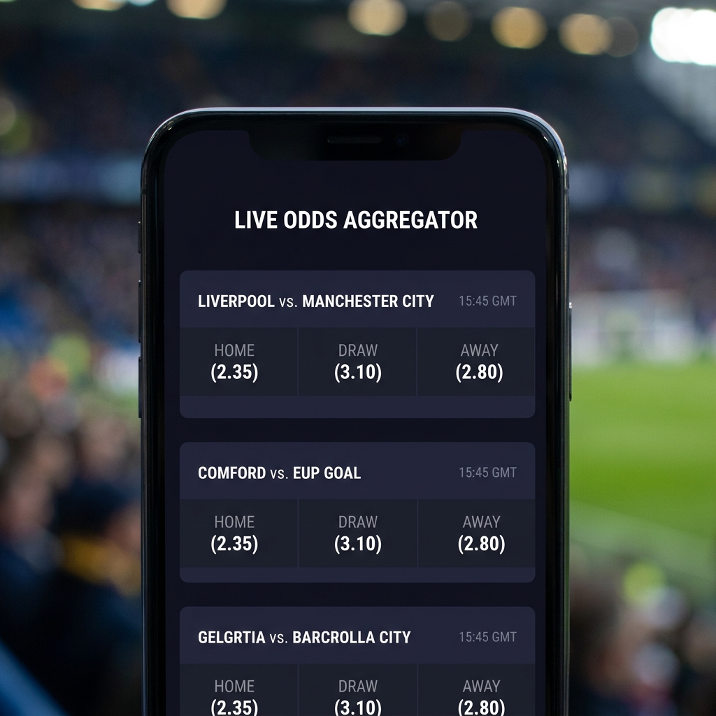 Close up mobile odds aggregator screen showing liverpool odds decimal prices and timestamps with blurred stadium background and minimal Funded Plays color palette