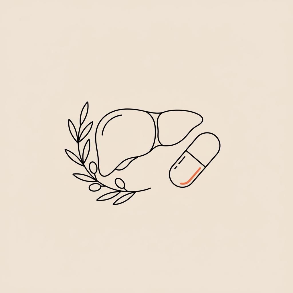 Minimalist line illustration of a liver, olive branch, and capsule on beige background representing hepatic lipid metabolism in a Tonum-style vector icon.