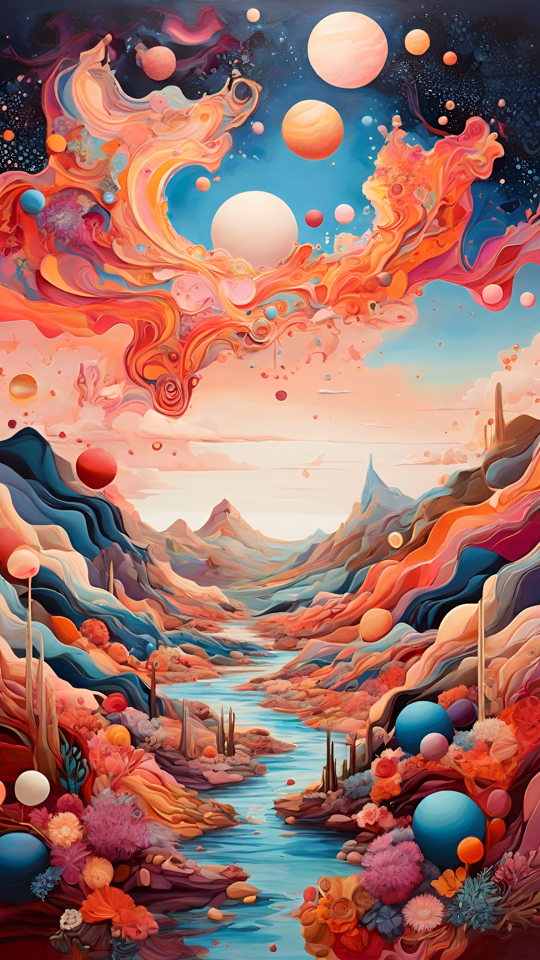Surreal Psychedelic Landscape Art Flowing Rivers Planets - Free 4K mobile Wallpaper
