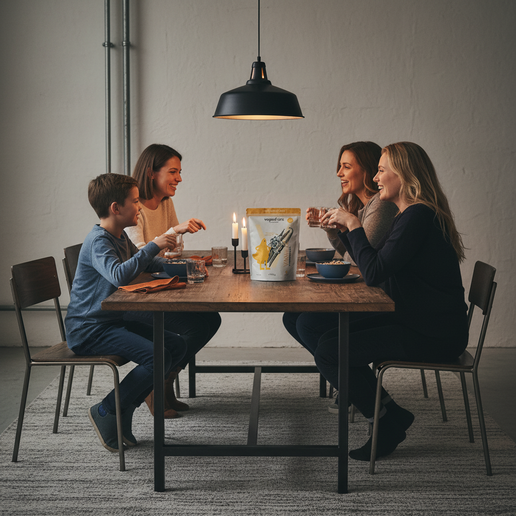 Kleine Familie beim Abendessen an einem industriellen Holztisch mit warmem Licht, das Produkt aus den Referenzfotos sichtbar im Vordergrund – geschenkideen statt blumen