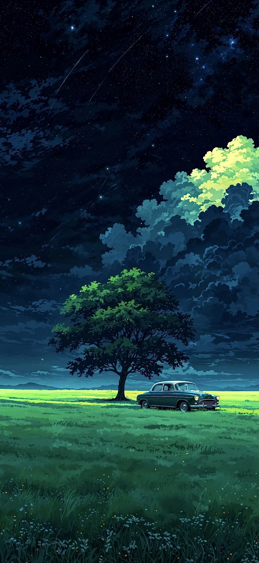 Nostalgic Anime Night Sky Car Field Illustration - Free 4K mobile Wallpaper