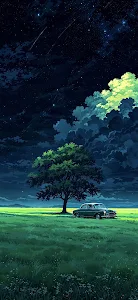 Nostalgic Anime Night Sky Car Field Illustration