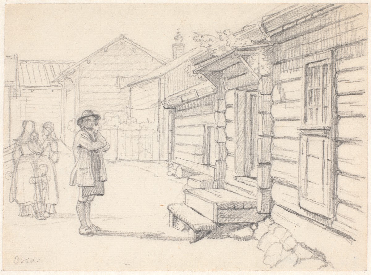 Gade i Orsa Dalarne med to kvinder tv og et barn og en mand 1851