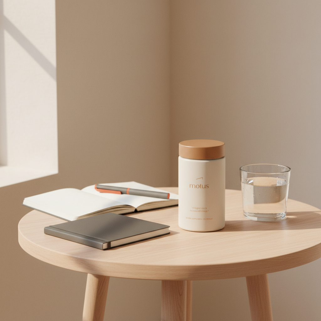 cla supplement jar on wooden table with glass of water and open notebook, minimalist Tonum-style lifestyle photo for weight loss