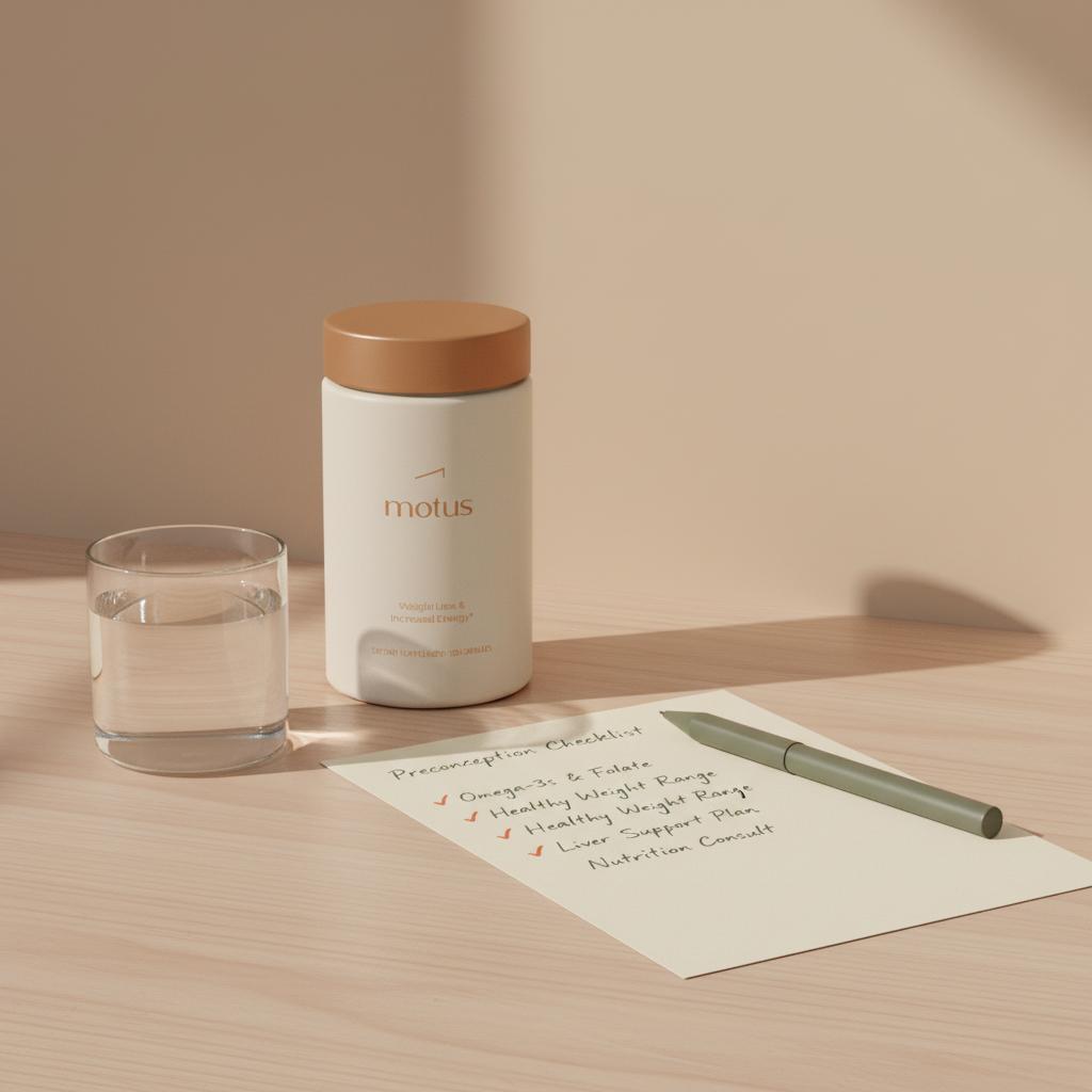 Motus container with handwritten preconception checklist, glass of water and clinical pen on light wood, minimalist scene conveying planning and gentle optimism about pregnancy fatty liver risks.