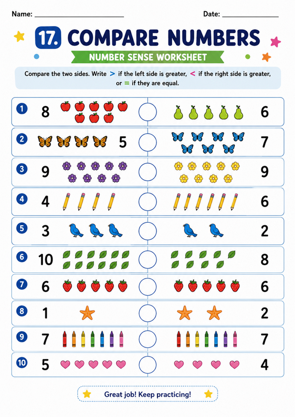 Compare Numbers Number Sense Worksheet