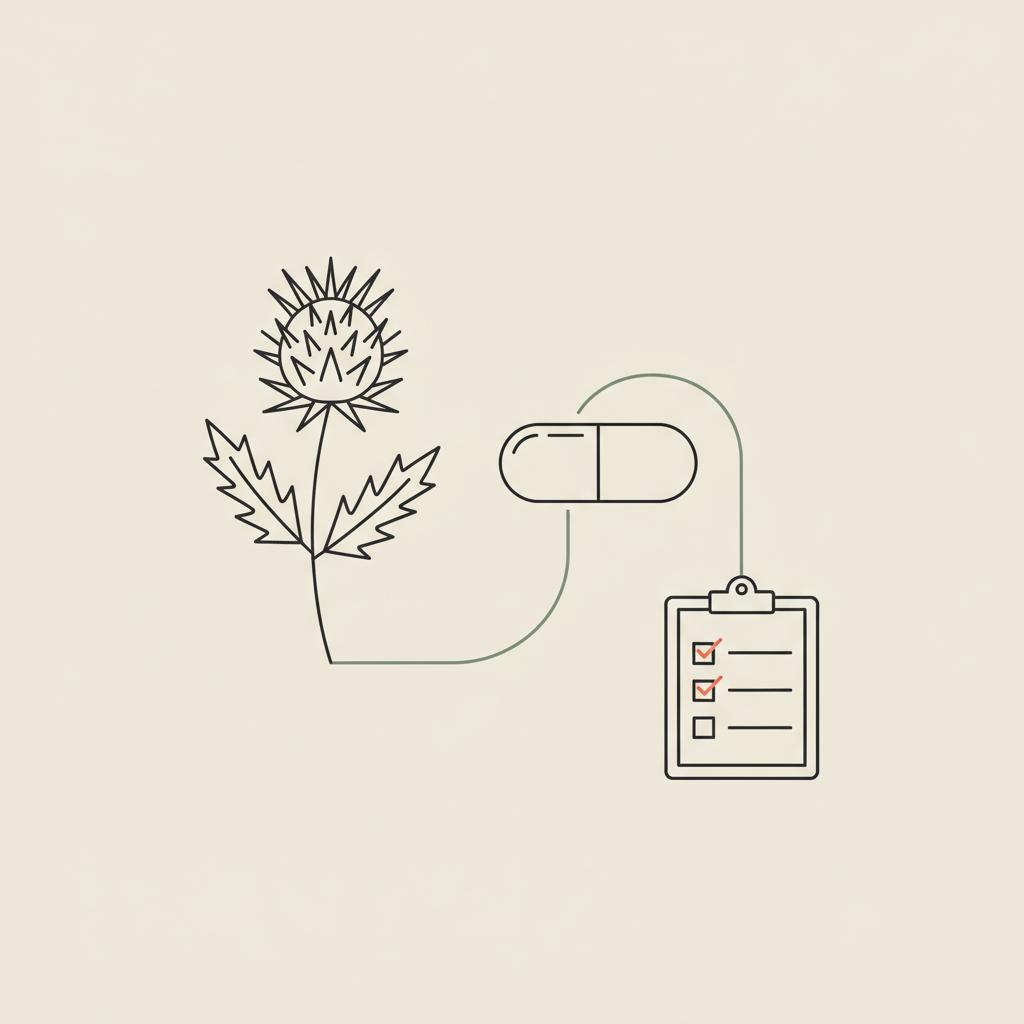 Minimalist Tonum-style vector line illustration of milk thistle, capsule and checklist representing milk thistle interactions on a beige background