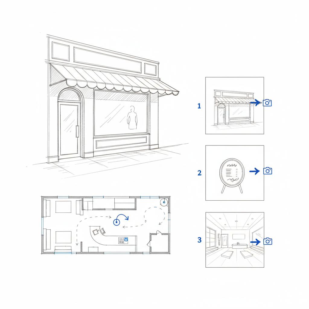 Notebook-style ink sketch of a storefront and interior layout with a small diagram showing three photo angles (storefront, menu close-up, interior wide shot) for Google Local Guide