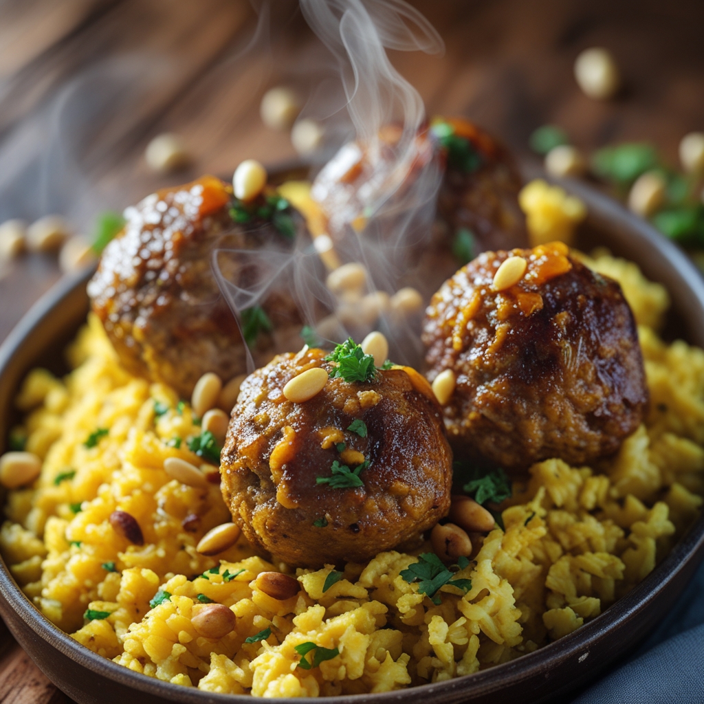 Turmeric Harissa Turkey Meatballs with Golden Cauliflower Pilaf