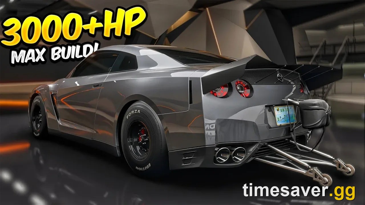 Forza Horizon 6 extreme 3000hp Nissan GT-R drag build with wheelie bars and parachute — the top of the drag ladder