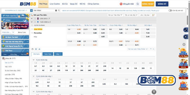 Bảng tỷ lệ kèo trận Inter Milan vs Fiorentina 30/10/2025