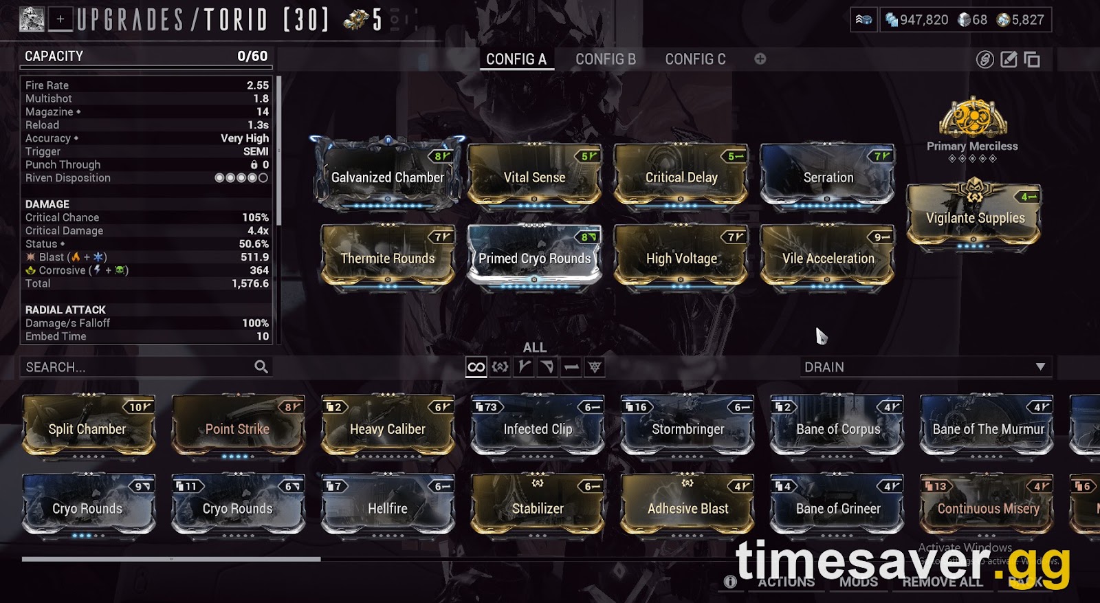 A real Torid Incarnon build in Warframe, showing Galvanized Chamber and the Primary Merciless arcane — proof that mods and arcanes, not the base weapon, define the meta.