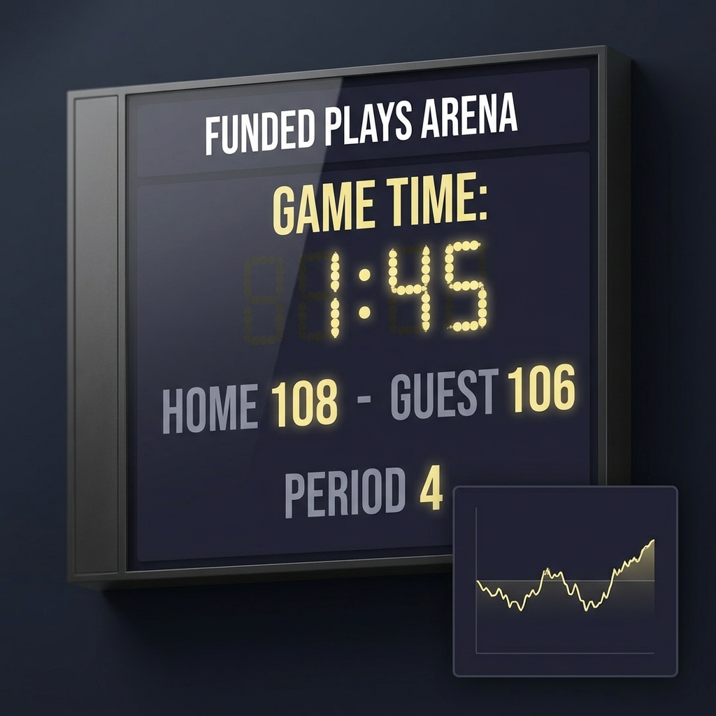 Close up of a basketball scoreboard highlighting late game minutes with a small win probability curve inset showing How Garbage Time Distorts Statistics in a minimalist Funded Plays style