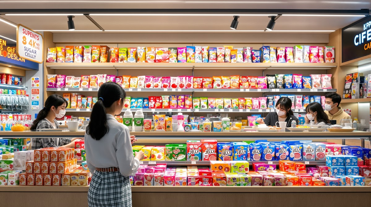 2025년 한국과 글로벌 젤리 시장의 그래프, 성장 수치, 젊은 소비자들이 무당젤리를 선택하는 모습, 프랜차이즈 카페와 편의점 진열대에 무당젤리 제품들이 다양하게 배치된 장면